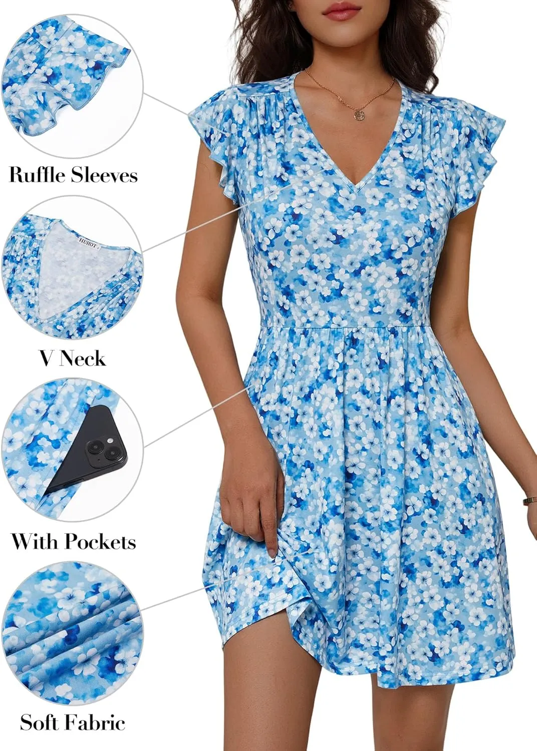 HUHOT Women's Summer Casual Sundresses with Pocket V Neck Spring Floral Mini Beach Vacation Dress 2025