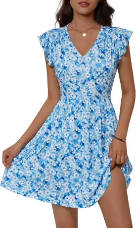 HUHOT Women's Summer Casual Sundresses with Pocket V Neck Spring Floral Mini Beach Vacation Dress 2025