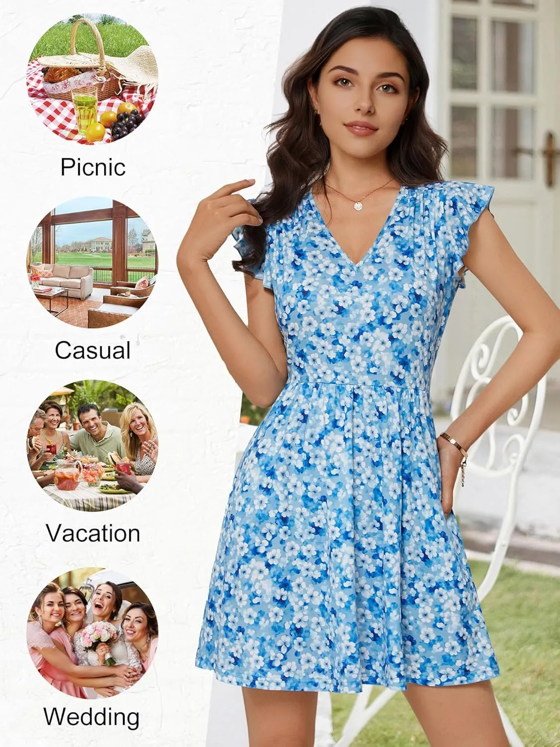 HUHOT Women's Summer Casual Sundresses with Pocket V Neck Spring Floral Mini Beach Vacation Dress 2025