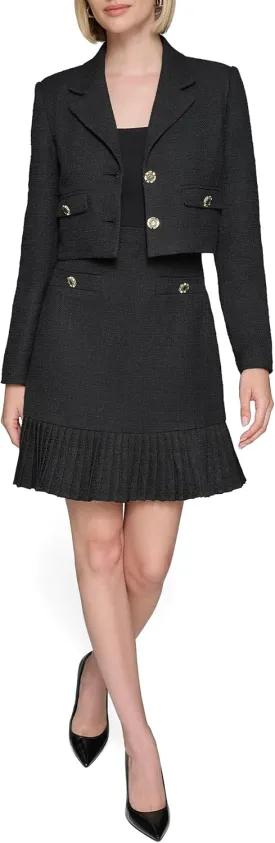 Karl Lagerfeld Paris Women's Collared Tweed Long Sleeves Jacket, Black, 14