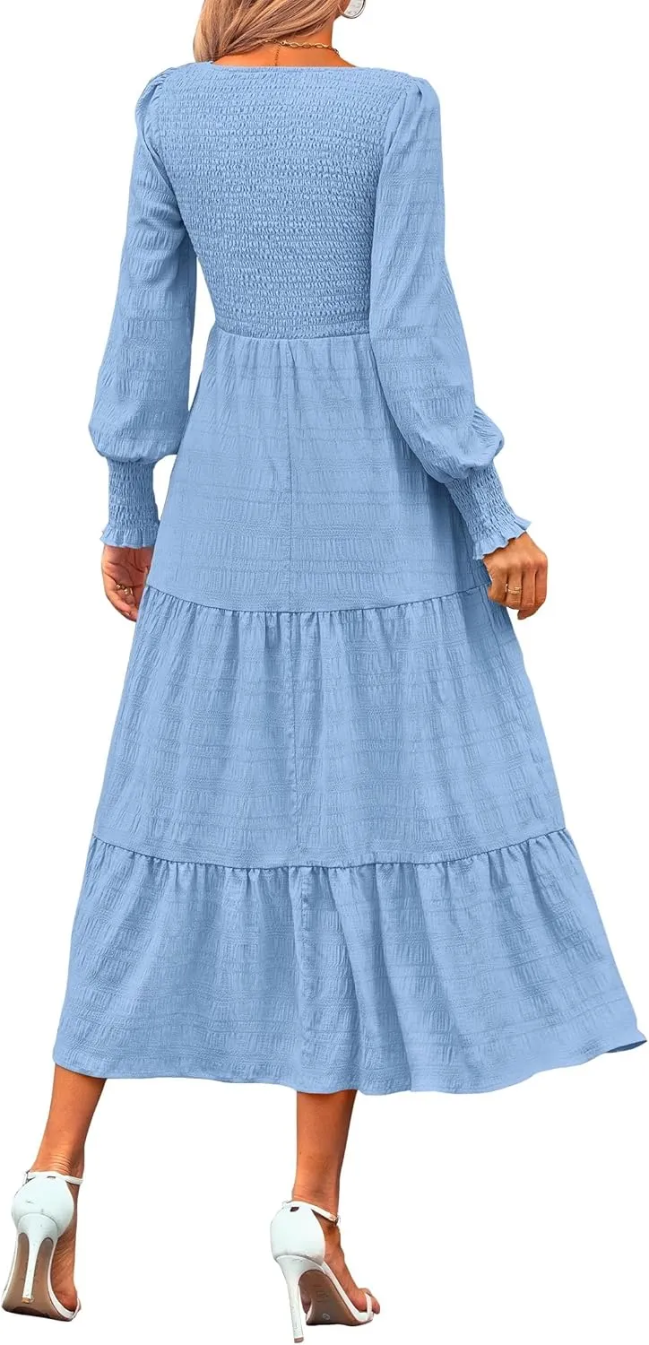 KIRUNDO Women Spring Wedding Guest Maxi Dress Elegant Puff Long Sleeve Summer Smocked Empire Waist Swing Flowy Long Dresses