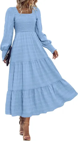 KIRUNDO Women Spring Wedding Guest Maxi Dress Elegant Puff Long Sleeve Summer Smocked Empire Waist Swing Flowy Long Dresses