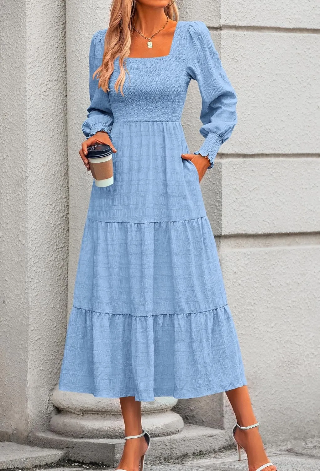 KIRUNDO Women Spring Wedding Guest Maxi Dress Elegant Puff Long Sleeve Summer Smocked Empire Waist Swing Flowy Long Dresses
