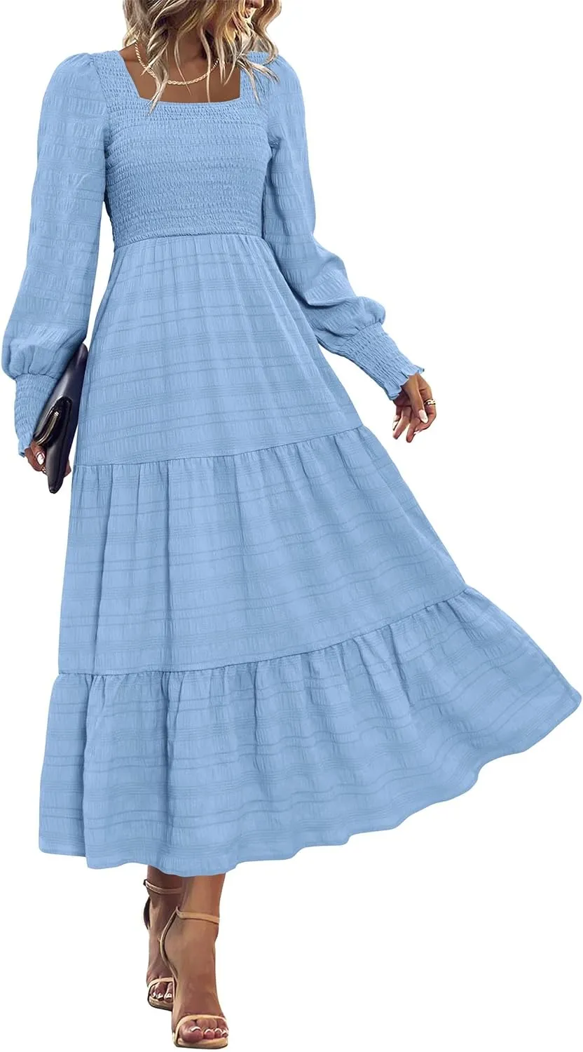 KIRUNDO Women Spring Wedding Guest Maxi Dress Elegant Puff Long Sleeve Summer Smocked Empire Waist Swing Flowy Long Dresses