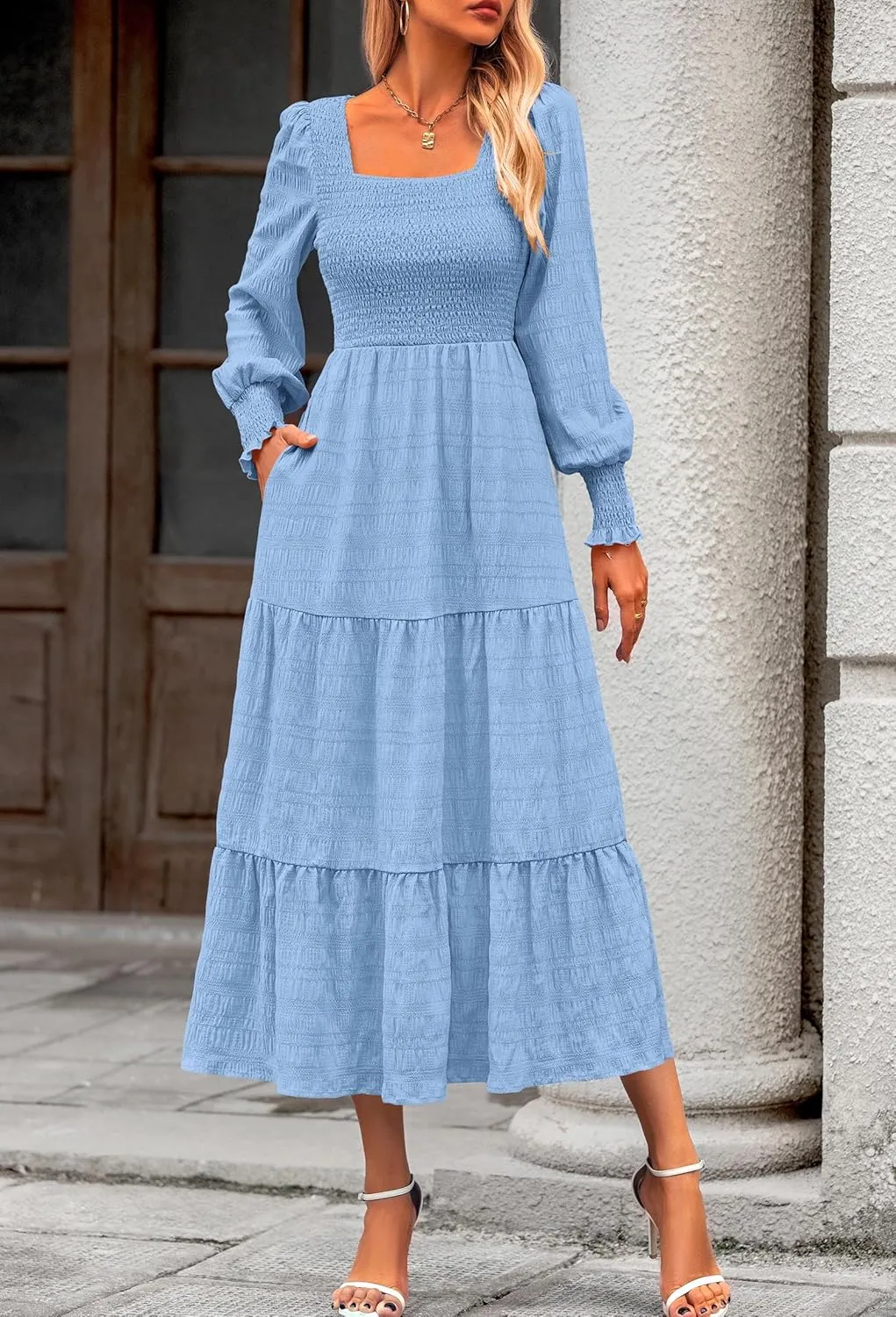 KIRUNDO Women Spring Wedding Guest Maxi Dress Elegant Puff Long Sleeve Summer Smocked Empire Waist Swing Flowy Long Dresses