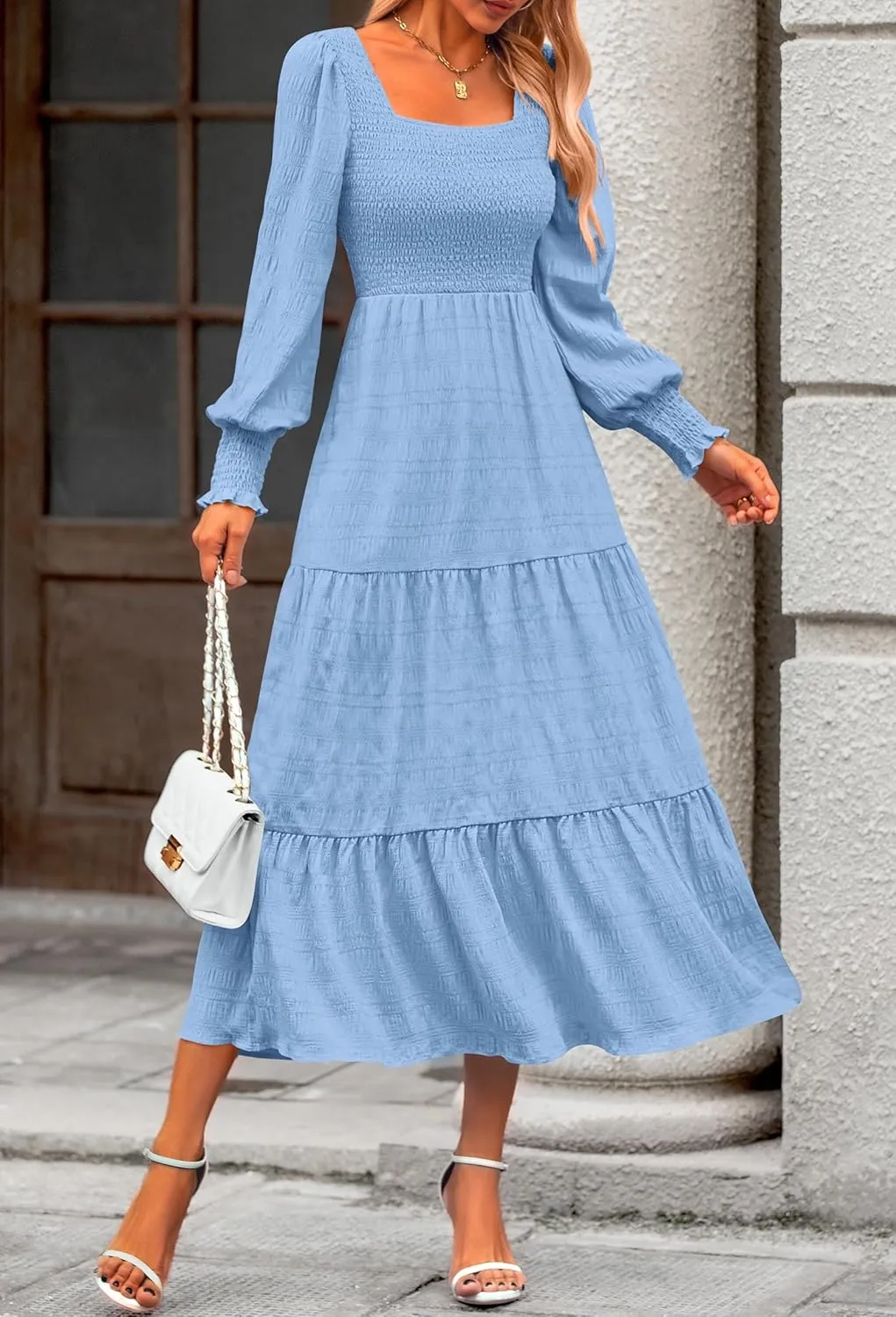KIRUNDO Women Spring Wedding Guest Maxi Dress Elegant Puff Long Sleeve Summer Smocked Empire Waist Swing Flowy Long Dresses