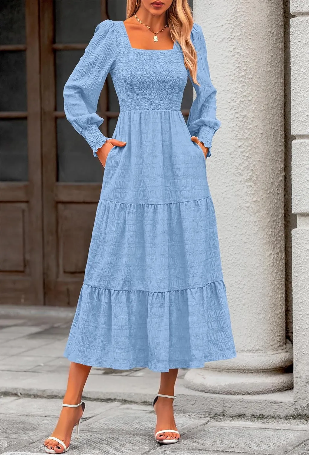 KIRUNDO Women Spring Wedding Guest Maxi Dress Elegant Puff Long Sleeve Summer Smocked Empire Waist Swing Flowy Long Dresses