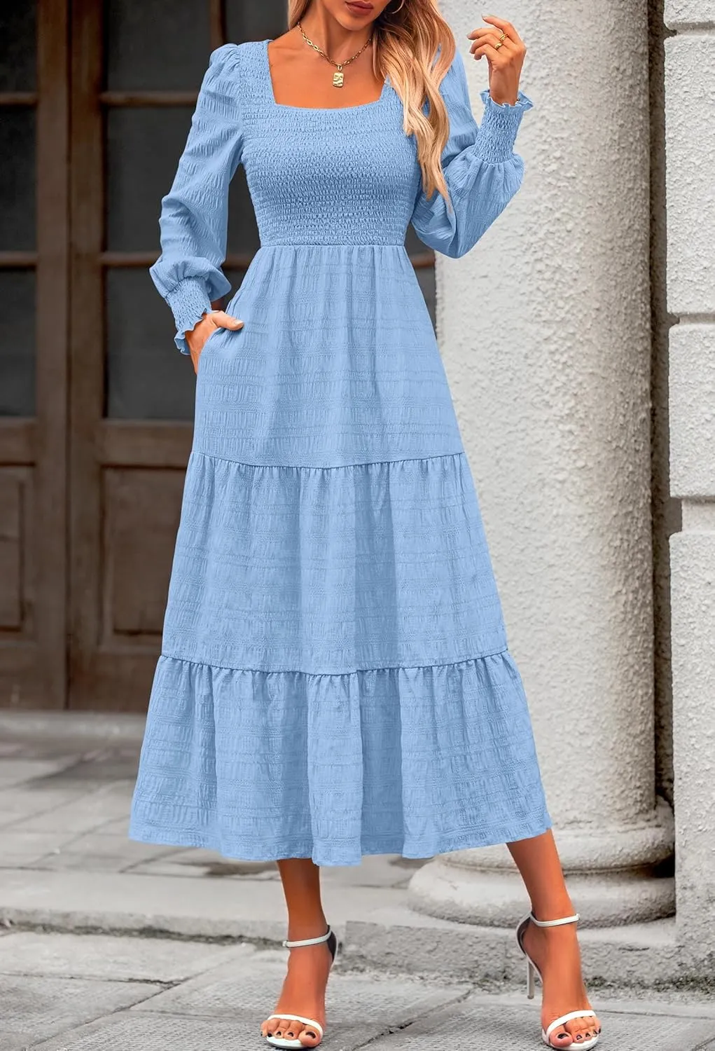 KIRUNDO Women Spring Wedding Guest Maxi Dress Elegant Puff Long Sleeve Summer Smocked Empire Waist Swing Flowy Long Dresses