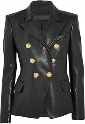 LA GRANDE Women's Double-Breasted Leather Blazer with Gold Buttons, Black