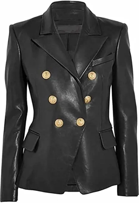 LA GRANDE Women's Double-Breasted Leather Blazer with Gold Buttons, Black