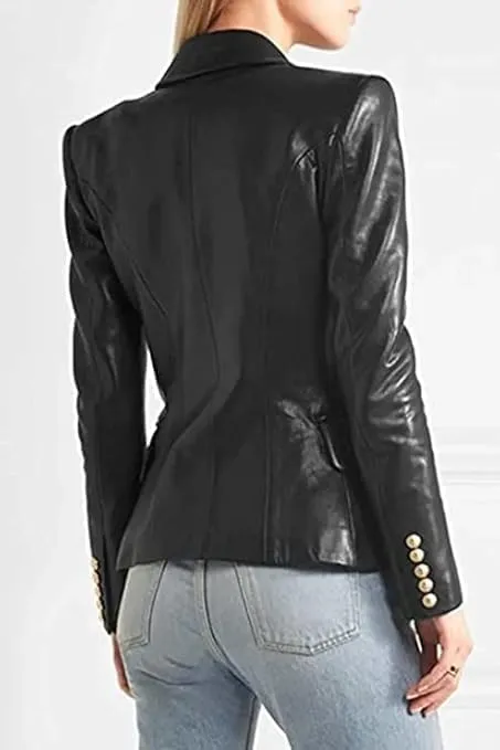 LA GRANDE Women's Double-Breasted Leather Blazer with Gold Buttons, Black