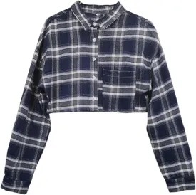 Ladies Plaid Long Sleeve Retro Crop Shirt Casual Button Down Blouses Crop Top Checked Fashion Crop Shirts