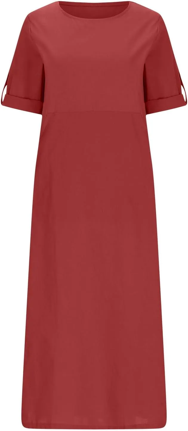 Linen Dresses for Women 2025 Cuffed Sleeve Crewneck Solid Color Long Cotton Dress Spring Maxi Dress with Pockets