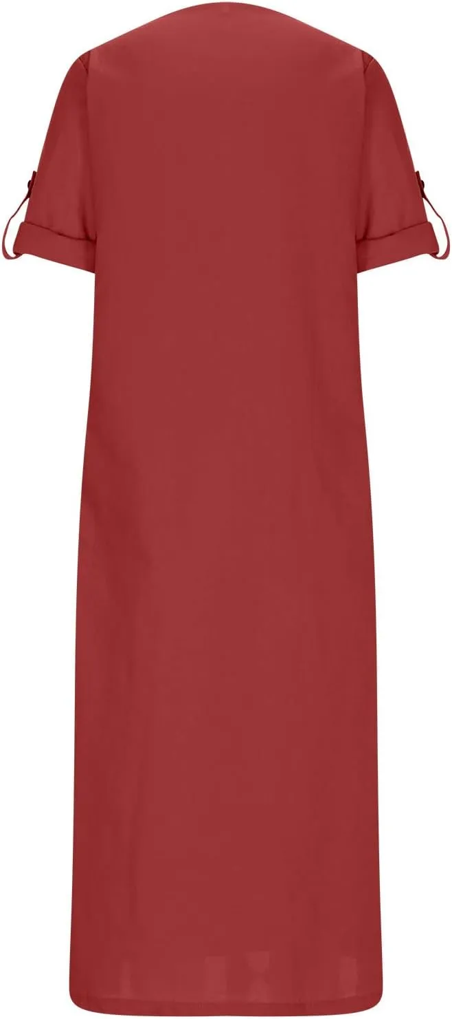 Linen Dresses for Women 2025 Cuffed Sleeve Crewneck Solid Color Long Cotton Dress Spring Maxi Dress with Pockets