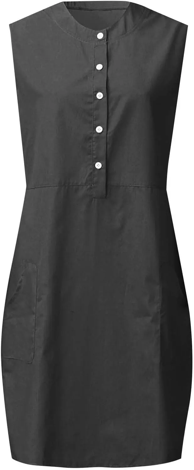 Linen Dresses for Women 2025 Sleeveless Button Down Shirt Dress Casual Summer Mini Dresses with Pockets