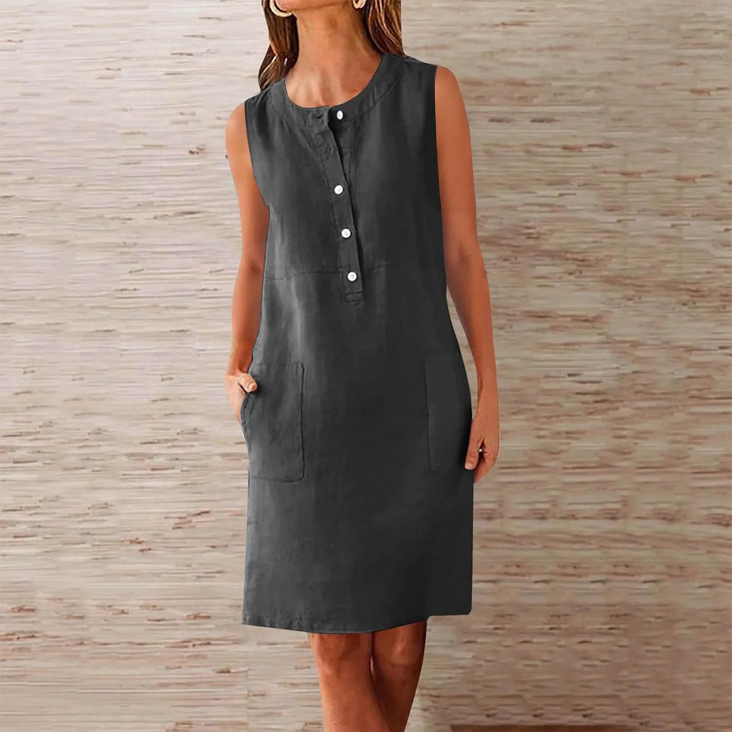 Linen Dresses for Women 2025 Sleeveless Button Down Shirt Dress Casual Summer Mini Dresses with Pockets