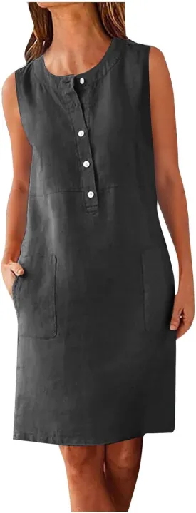 Linen Dresses for Women 2025 Sleeveless Button Down Shirt Dress Casual Summer Mini Dresses with Pockets
