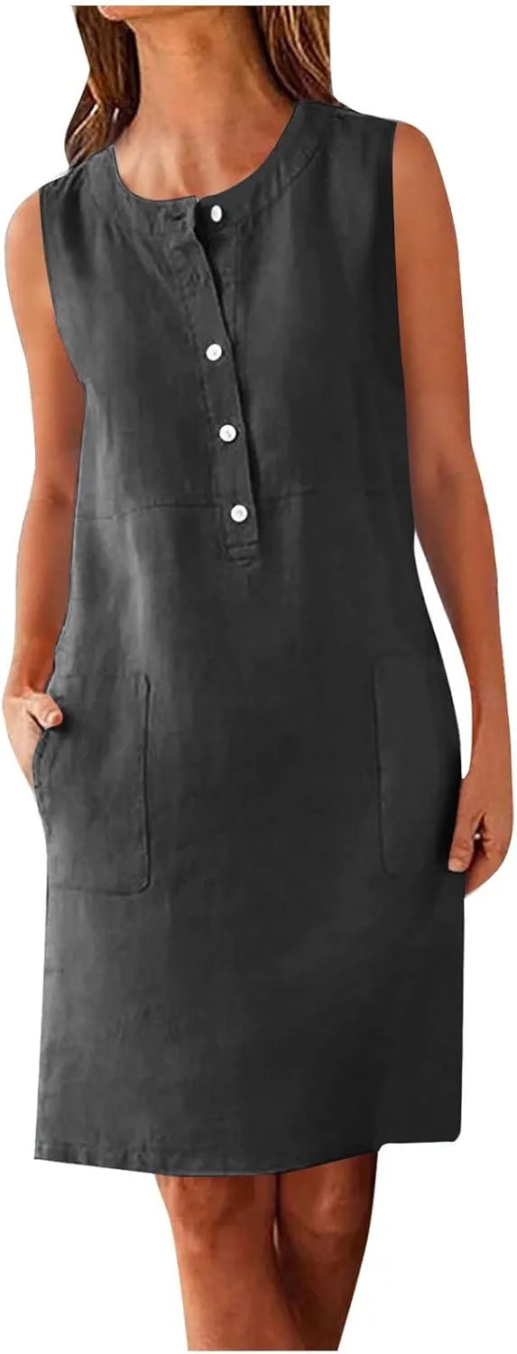 Linen Dresses for Women 2025 Sleeveless Button Down Shirt Dress Casual Summer Mini Dresses with Pockets
