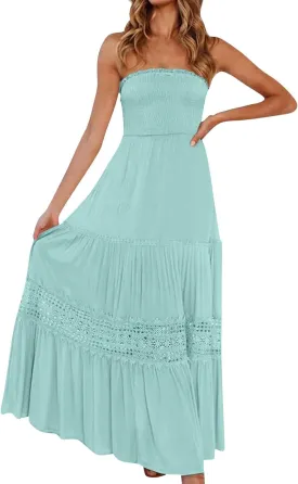 Maxi Dresses for Women 2025 Summer Boho Strapless Long Dresses Trendy Off Shoulder Smocked Lace Trim Maxi Dress 2025