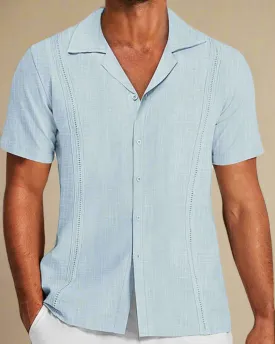 Men Linen Blue Cuban Shirt - Buttons Guayabera
