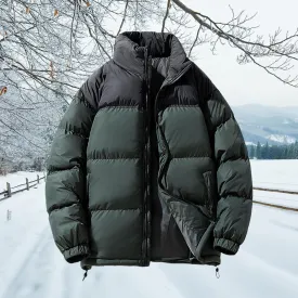Men's Puffer Jacket Thickened Winter Warm Coat Stand Collar Color Block Zip Up Jacket Ski Bubble Coat Pockets