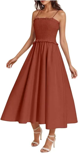 Midi Dresses for Women 2025 Summer Fashion Spaghetti Strap Slip Dress High Waisted Cocktail Party A Line Long Dress
