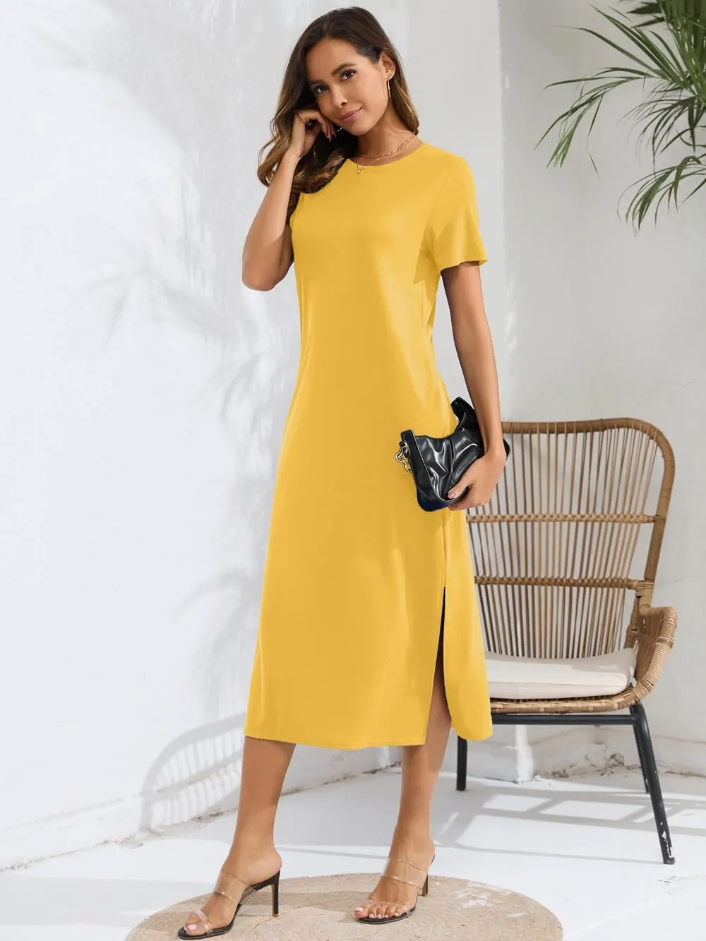 Naggoo Women's Short Sleeve Split Maxi Dress Casual Plain Tie Dye Print Tshirt Long Dresses with Pockets