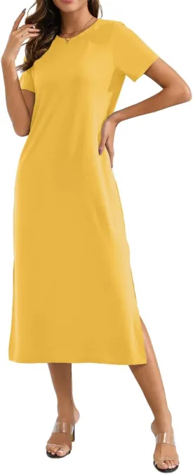 Naggoo Women's Short Sleeve Split Maxi Dress Casual Plain Tie Dye Print Tshirt Long Dresses with Pockets