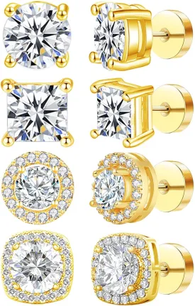 NEWITIN 4 Pairs Stainless Steel Stud Earrings for Men Hypoallergenic Earring Flatback Earring Screw Back Studs Inlaid Cubic Zirconia Stud Earrings for Women Men