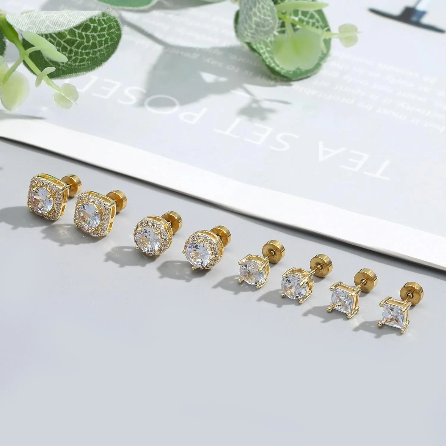 NEWITIN 4 Pairs Stainless Steel Stud Earrings for Men Hypoallergenic Earring Flatback Earring Screw Back Studs Inlaid Cubic Zirconia Stud Earrings for Women Men