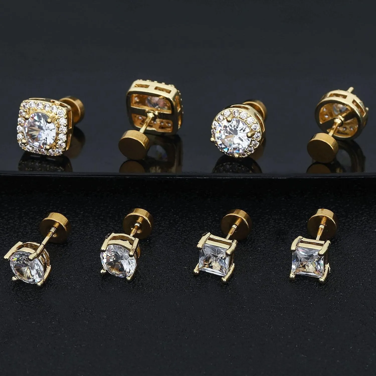 NEWITIN 4 Pairs Stainless Steel Stud Earrings for Men Hypoallergenic Earring Flatback Earring Screw Back Studs Inlaid Cubic Zirconia Stud Earrings for Women Men