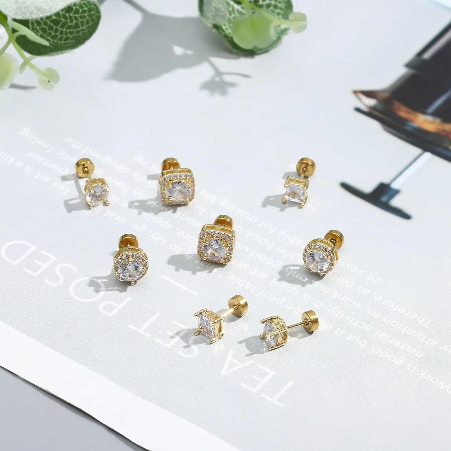 NEWITIN 4 Pairs Stainless Steel Stud Earrings for Men Hypoallergenic Earring Flatback Earring Screw Back Studs Inlaid Cubic Zirconia Stud Earrings for Women Men