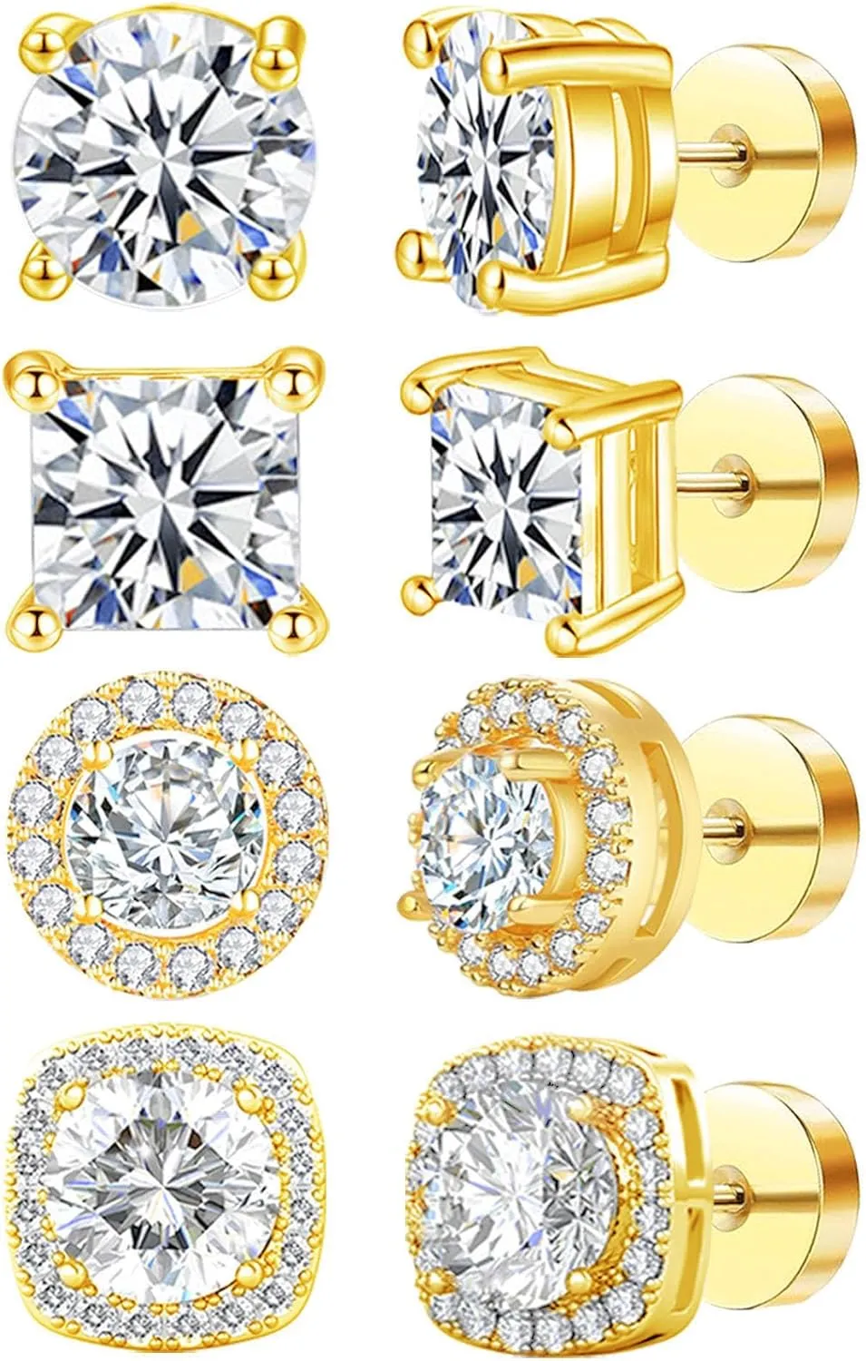NEWITIN 4 Pairs Stainless Steel Stud Earrings for Men Hypoallergenic Earring Flatback Earring Screw Back Studs Inlaid Cubic Zirconia Stud Earrings for Women Men