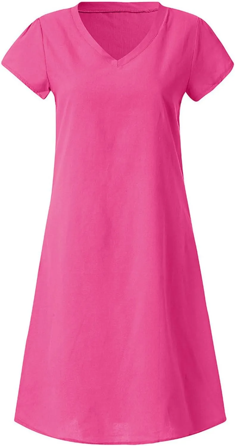 Oversize Women's Cotton Linen Midi Dresses Summer Solid Color Short Sleeve V-Neck Shirt Dresses Plus Size Beach Dress