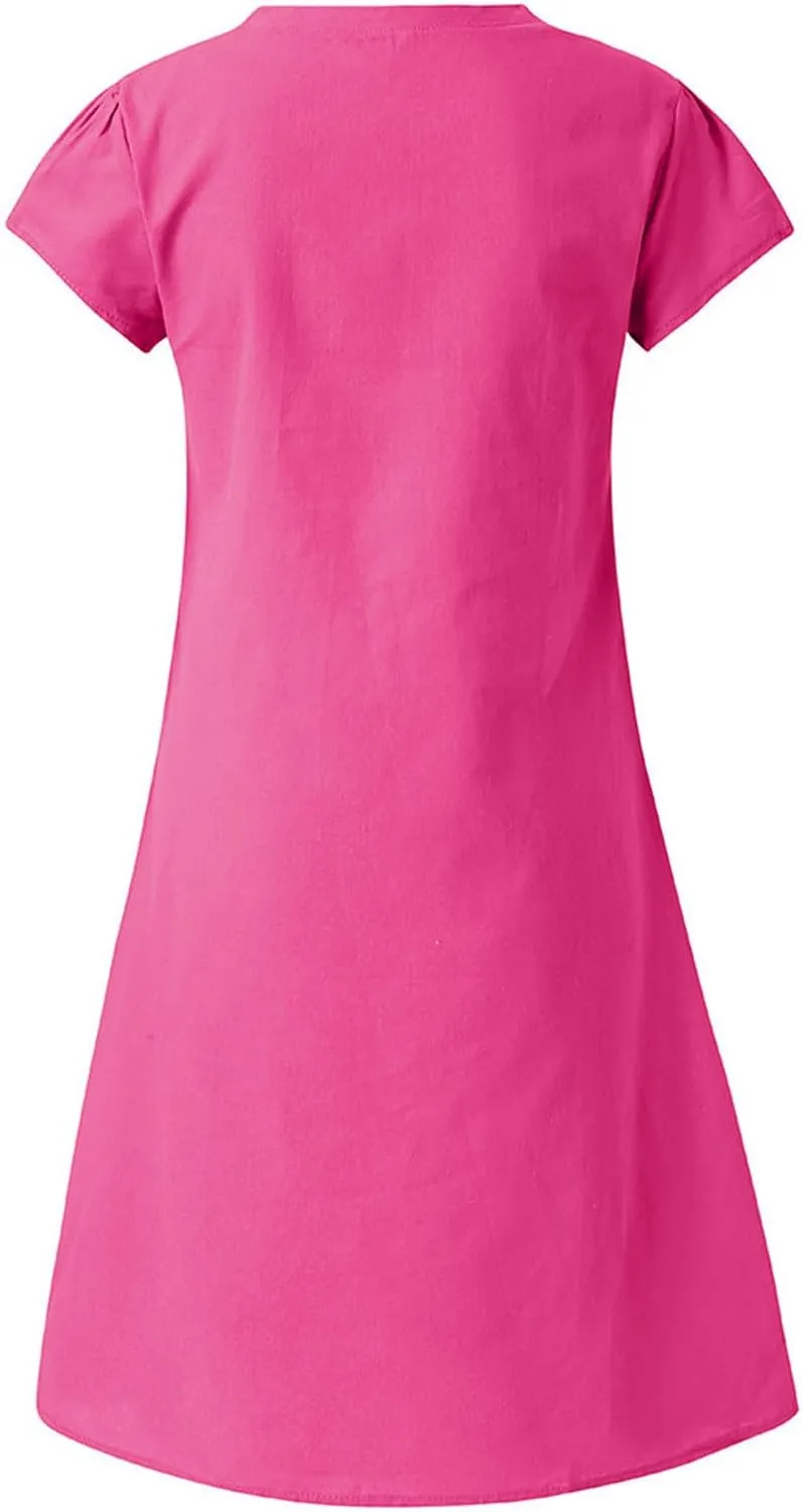 Oversize Women's Cotton Linen Midi Dresses Summer Solid Color Short Sleeve V-Neck Shirt Dresses Plus Size Beach Dress