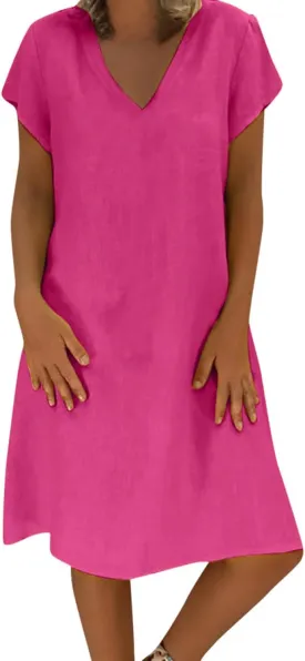 Oversize Women's Cotton Linen Midi Dresses Summer Solid Color Short Sleeve V-Neck Shirt Dresses Plus Size Beach Dress