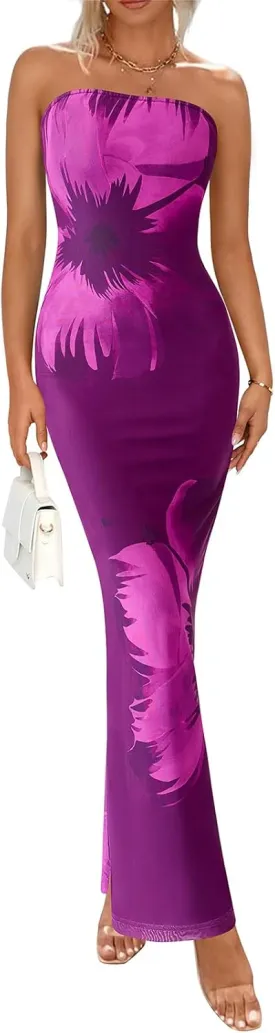 PRETTYGARDEN Strapless Bodycon Floral Maxi Summer Dresses for Women 2025 Elegant Classy Tube Top Cocktail Wedding Guest Dress