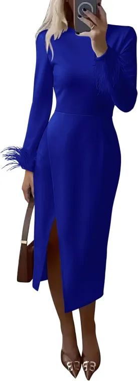 PRETTYGARDEN Women's 2025 Fall Long Sleeve Dress Formal Midi Bodycon Wrap Slit Feather Elegant Wedding Guest Cocktail Dresses