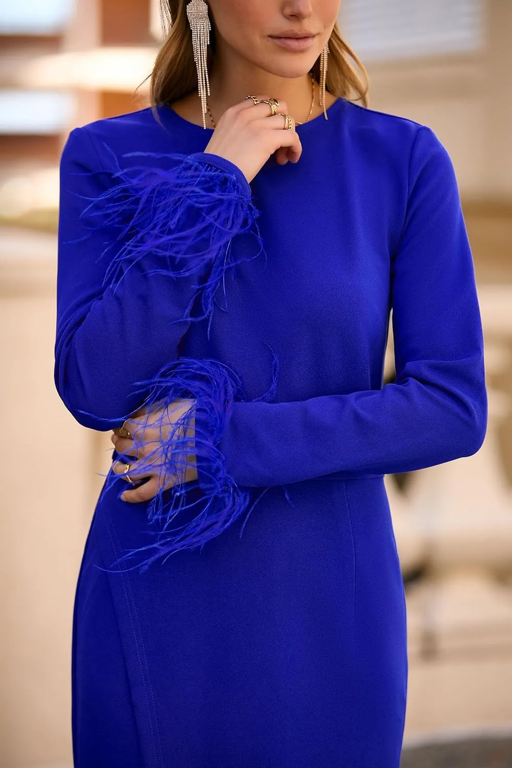 PRETTYGARDEN Women's 2025 Fall Long Sleeve Dress Formal Midi Bodycon Wrap Slit Feather Elegant Wedding Guest Cocktail Dresses
