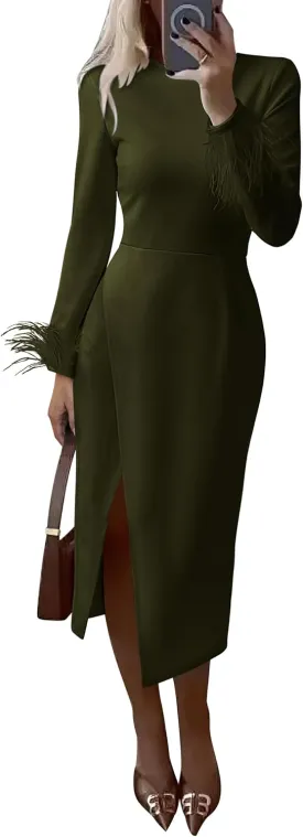PRETTYGARDEN Women's 2025 Fall Long Sleeve Dress Formal Midi Bodycon Wrap Slit Feather Elegant Wedding Guest Cocktail Dresses
