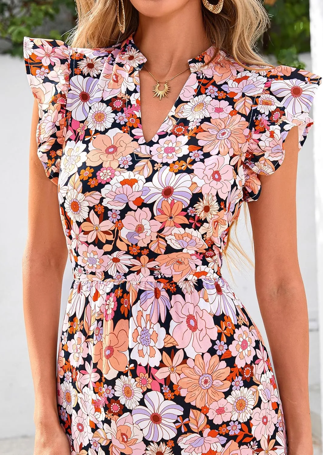 PRETTYGARDEN Women's 2025 Summer Floral Midi Dress Cap Sleeve V Neck Ruffle Long Flowy Boho Casual Beach Vacation Dresses