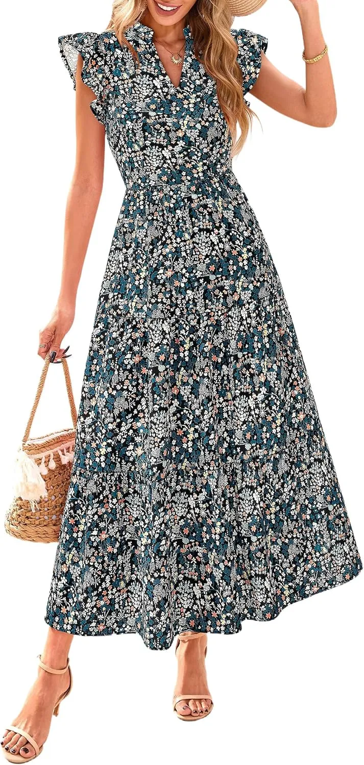 PRETTYGARDEN Women's 2025 Summer Floral Midi Dress Cap Sleeve V Neck Ruffle Long Flowy Boho Casual Beach Vacation Dresses