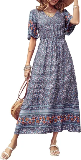 PRETTYGARDEN Women's Summer Boho Floral Dress Casual Beach Vacation Sundress V Neck Short Sleeve Long Maxi Dresses