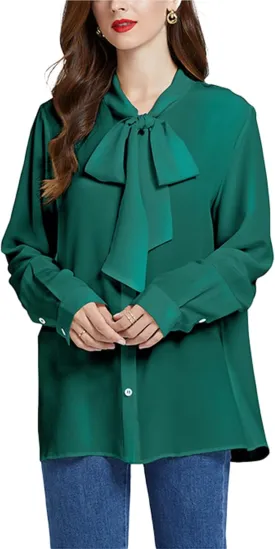 Silk Shirts for Women,100% 18 Mommy Pure Silk Button Down Long Sleeve Casual Office Work Blouse Bow Tie with Ribbon Tops