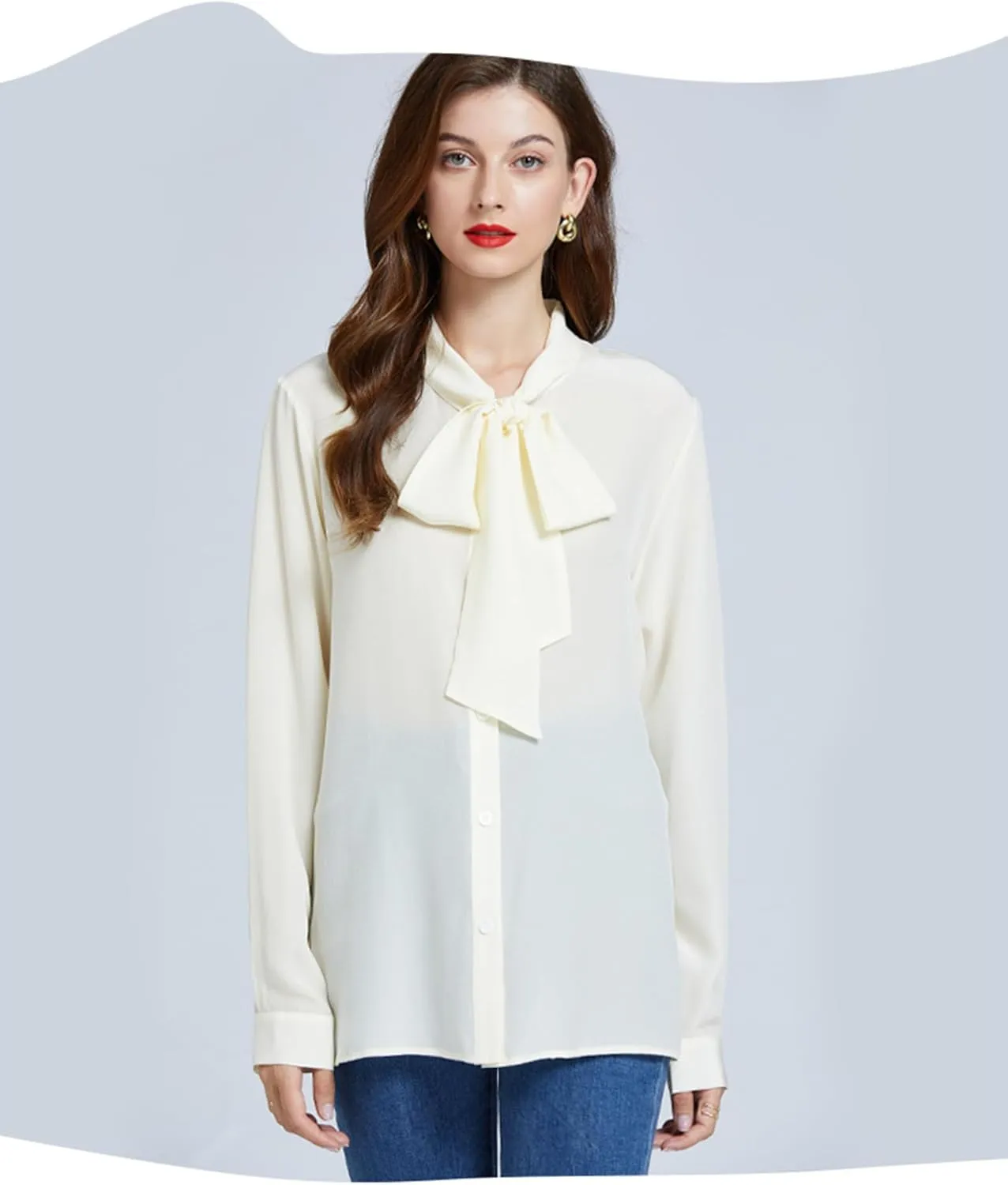 Silk Shirts for Women,100% 18 Mommy Pure Silk Button Down Long Sleeve Casual Office Work Blouse Bow Tie with Ribbon Tops