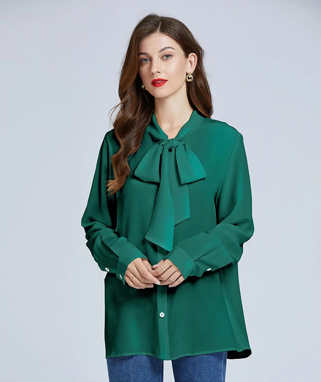 Silk Shirts for Women,100% 18 Mommy Pure Silk Button Down Long Sleeve Casual Office Work Blouse Bow Tie with Ribbon Tops