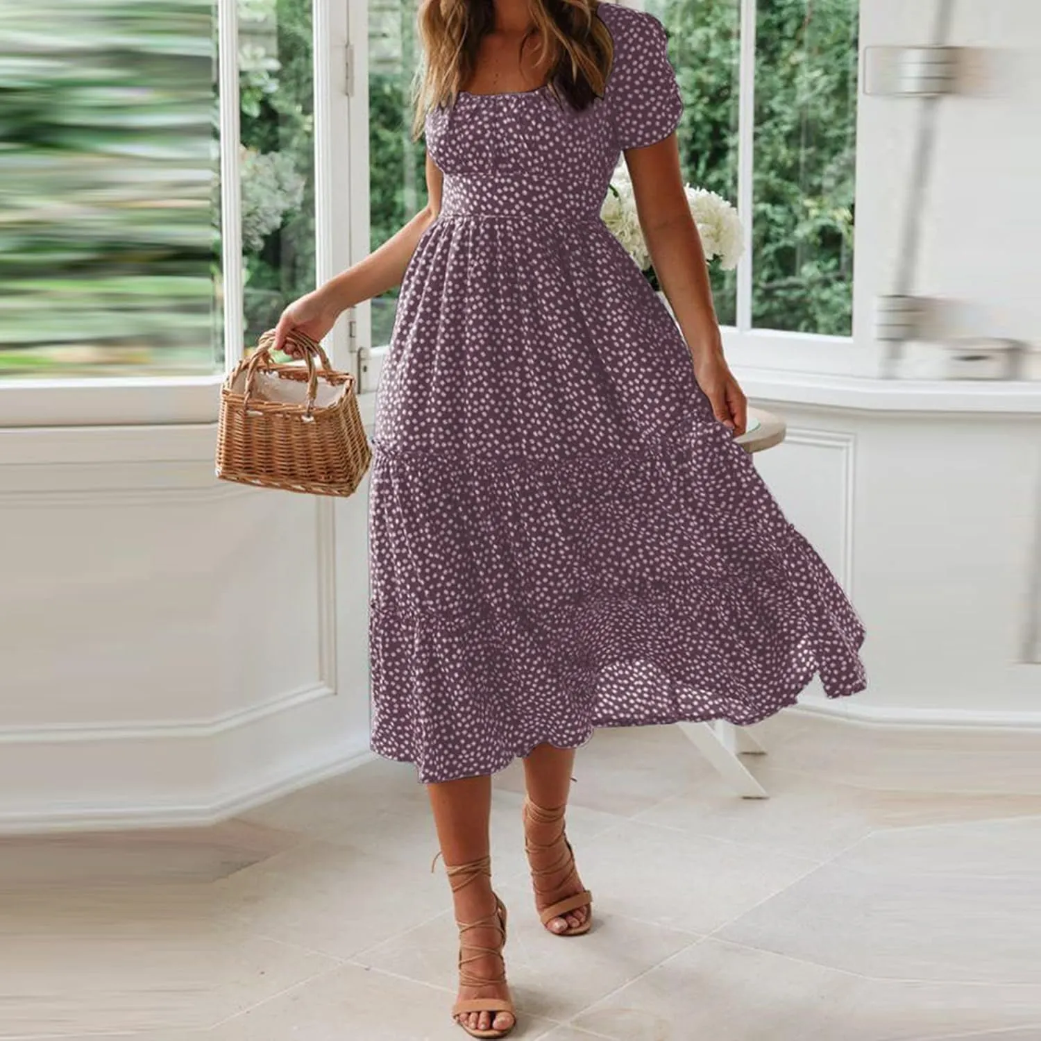 Summer Dresses for Women 2025 Casual Plus Size Boho Puff Sleeve Beach Sundresses Polka Dot Print Midi Dress