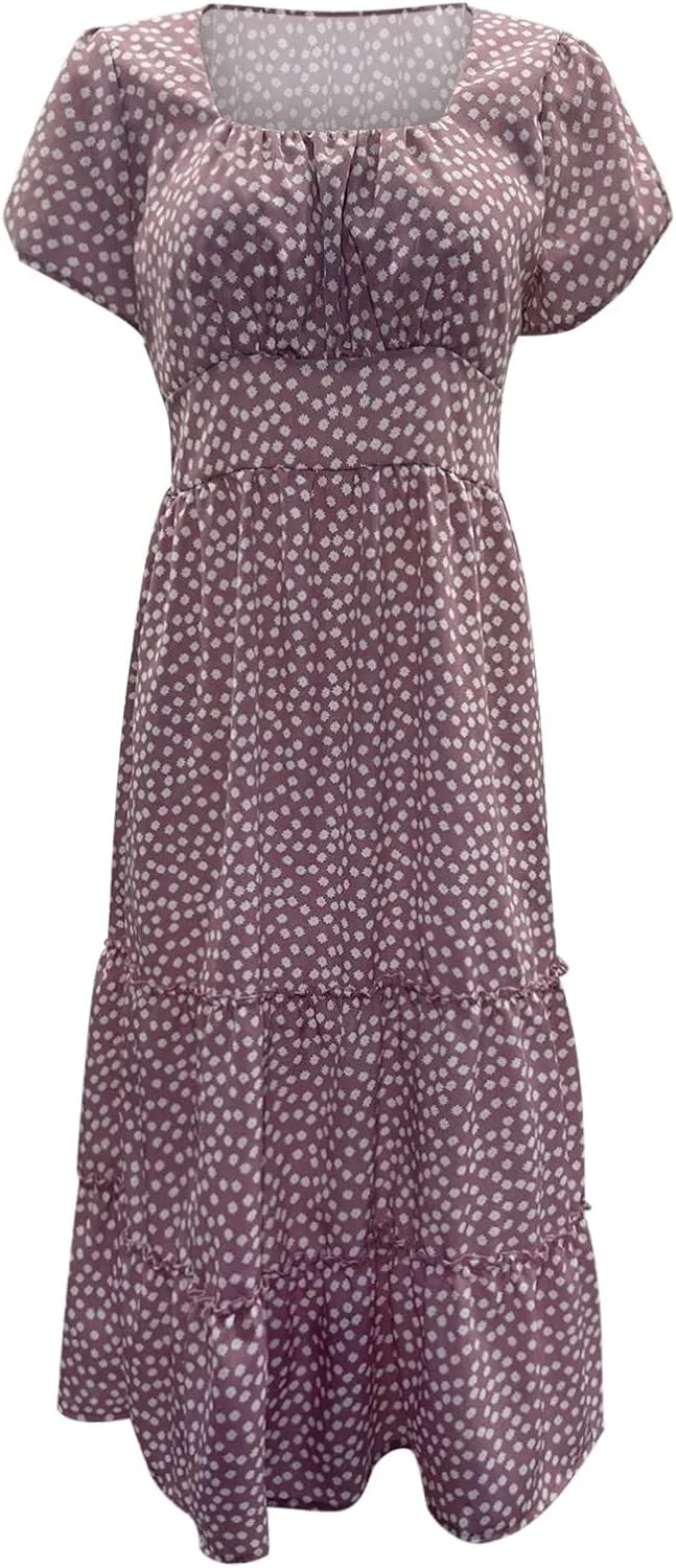 Summer Dresses for Women 2025 Casual Plus Size Boho Puff Sleeve Beach Sundresses Polka Dot Print Midi Dress
