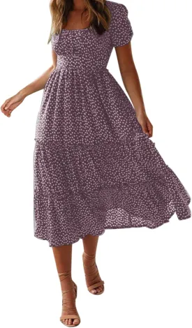 Summer Dresses for Women 2025 Casual Plus Size Boho Puff Sleeve Beach Sundresses Polka Dot Print Midi Dress