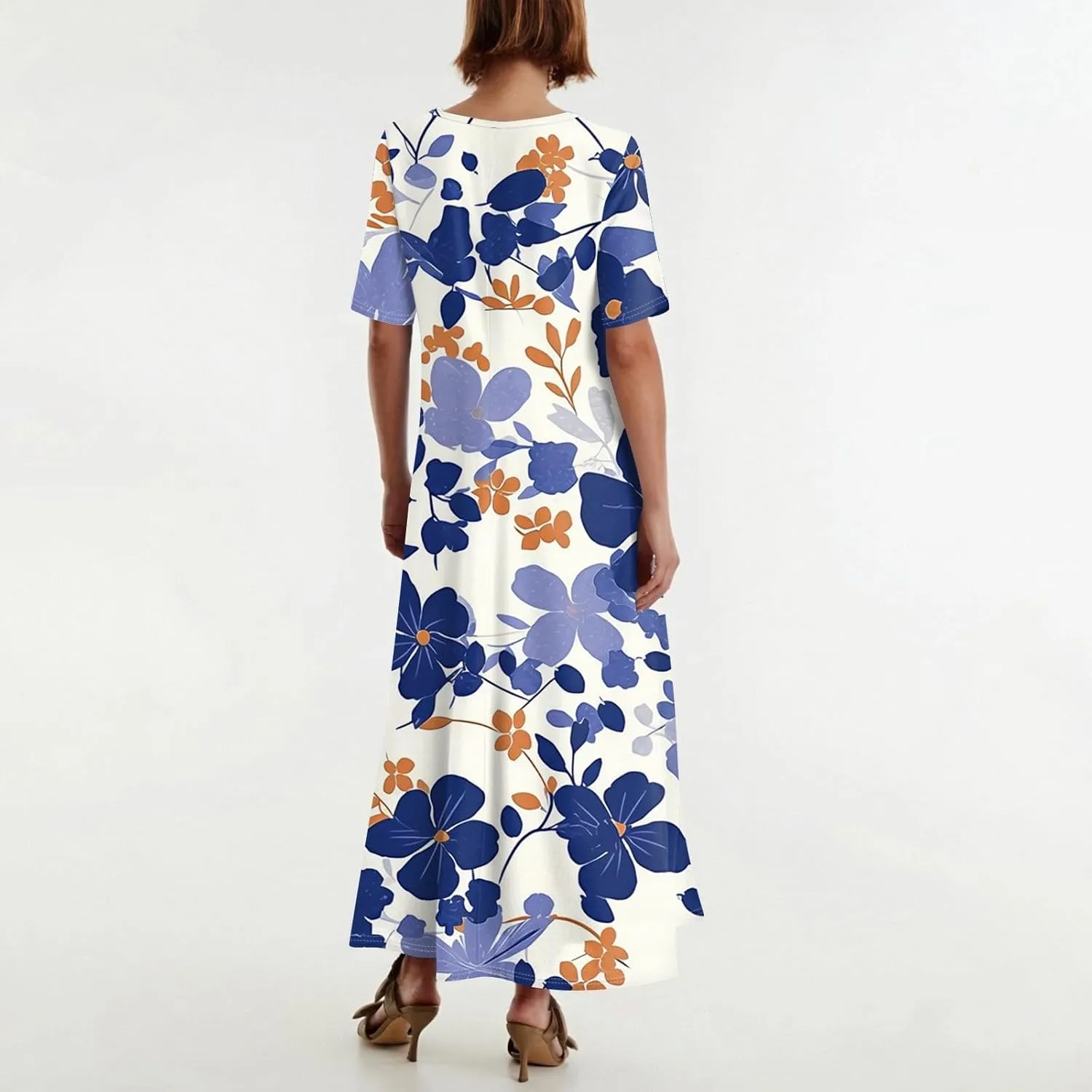 Summer Dresses for Women 2025 Maxi Dress Beach Vacation Short Sleeve Round Neck Dresses Elegant with Side Pocket